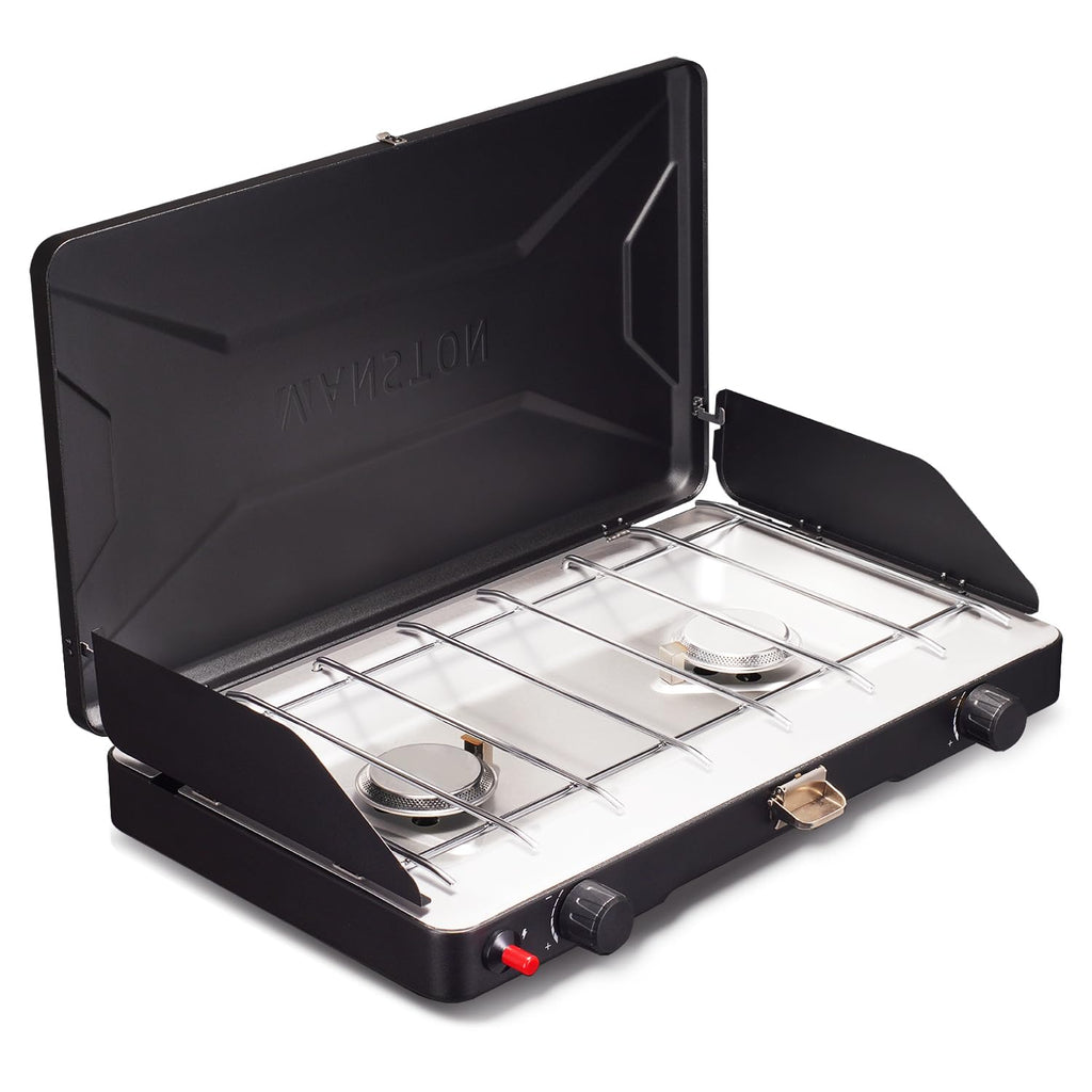 Vanston 2-Burner Propane Camping Stove, 20,000 Total Btus Portable Gas Camping Grill, Stovetop With Adjustable Burners, Wind Gua