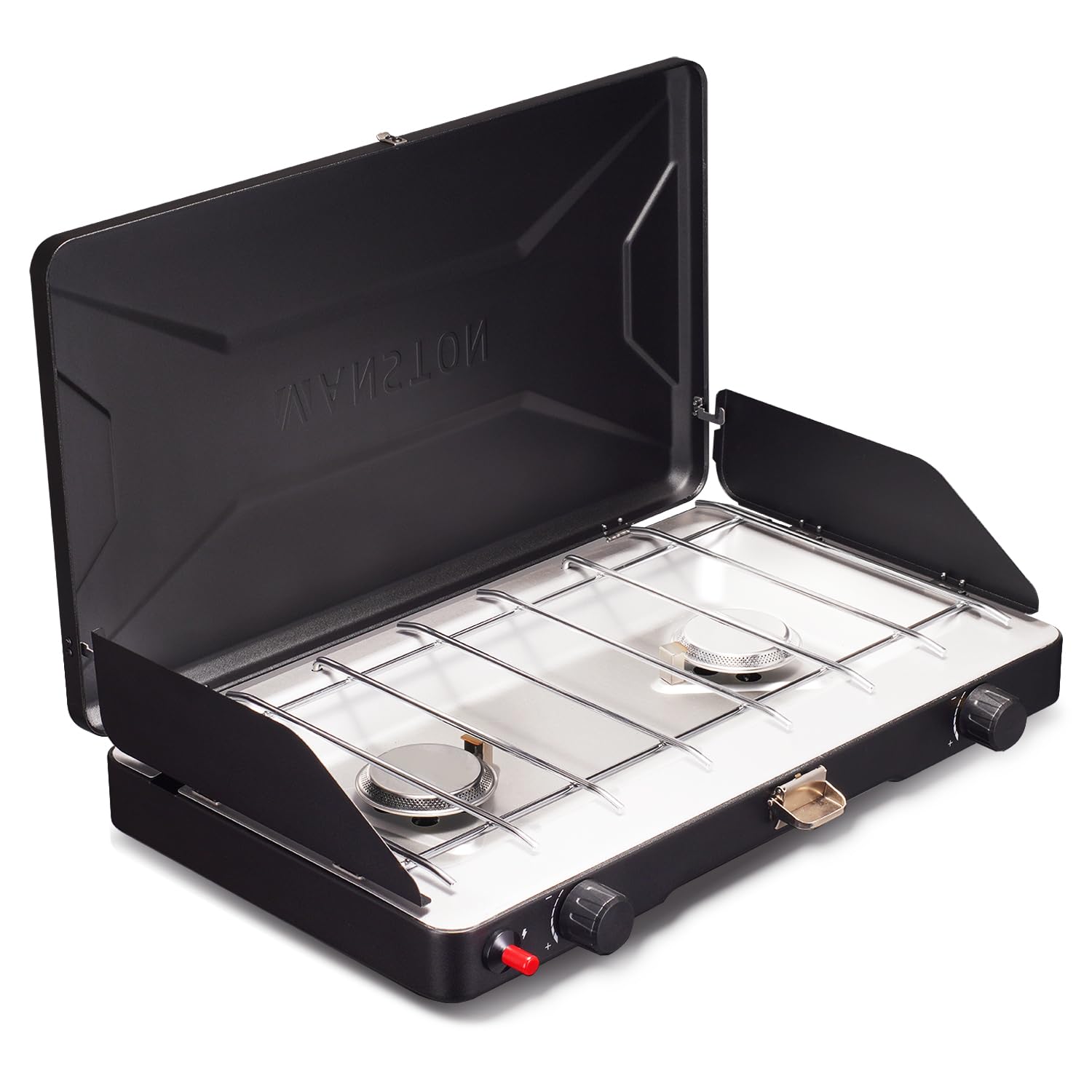 Vanston 2-Burner Propane Camping Stove, 20,000 Total Btus Portable Gas Camping Grill, Stovetop With Adjustable Burners, Wind Gua