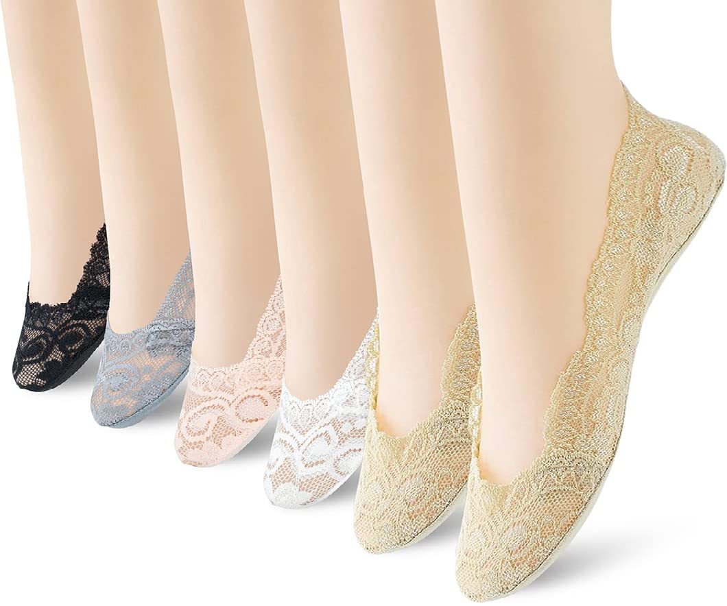 Ghelonadi 3 Pair Multicolour NonSlip Boat Cut Socks For Women, Free Size, Low Cut, No Show, Lace, AntiSlip, Silicone Heel Grip