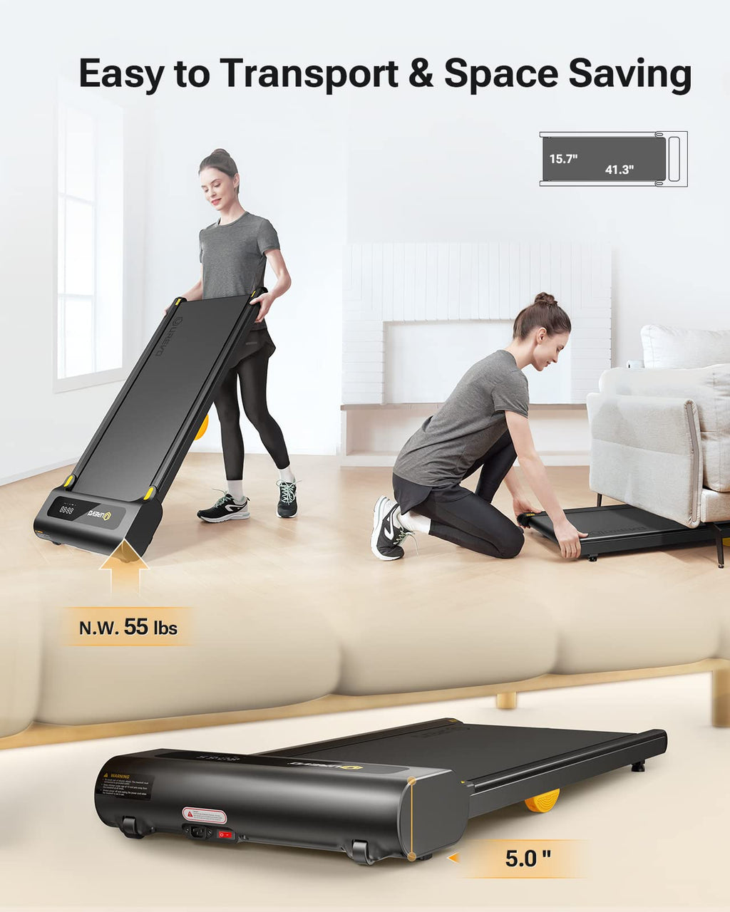 Urevo 2-In-1 Under Desk Treadmill, Walking Pad For Home & Office, Portable Treadmill With App, 2.25Hp Motorized, Remote Control,