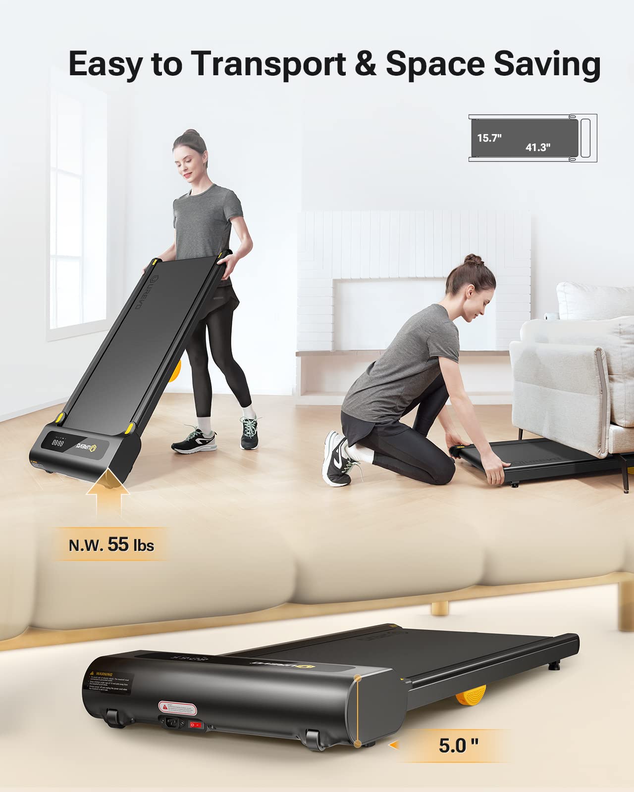 Urevo 2-In-1 Under Desk Treadmill, Walking Pad For Home & Office, Portable Treadmill With App, 2.25Hp Motorized, Remote Control,