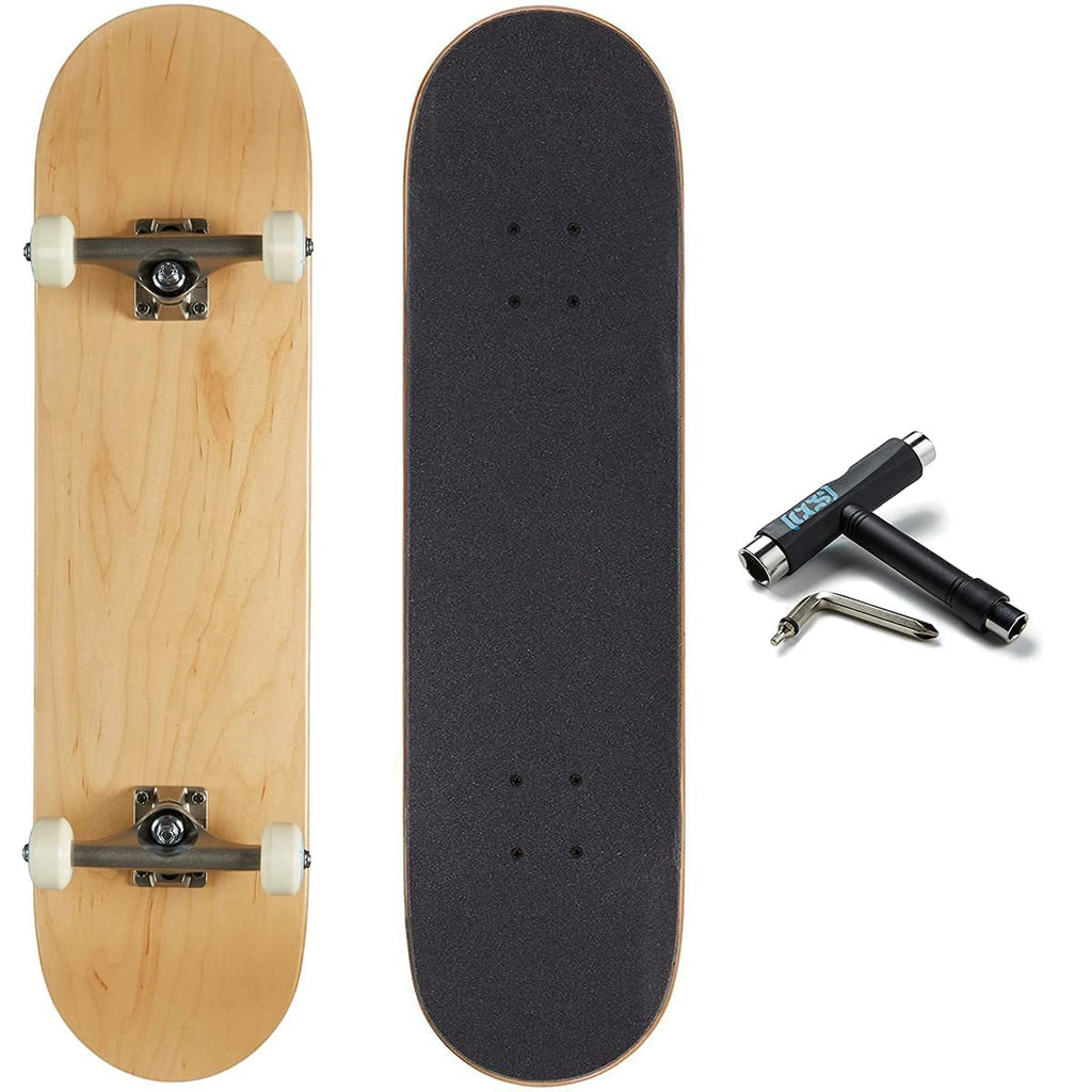 [Ccs] Logo Skateboard Complete Natural Wood 7.75'' - Maple Wood - Professional Grade - Fully Assembled With Skate Tool And Stick