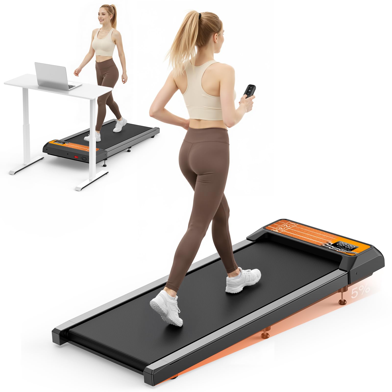 HOELLL Walking Treadmill Pad with 5% Adjustable Incline and APP Sync, Small Compact Under Desk Treadmills for Home and Office wi