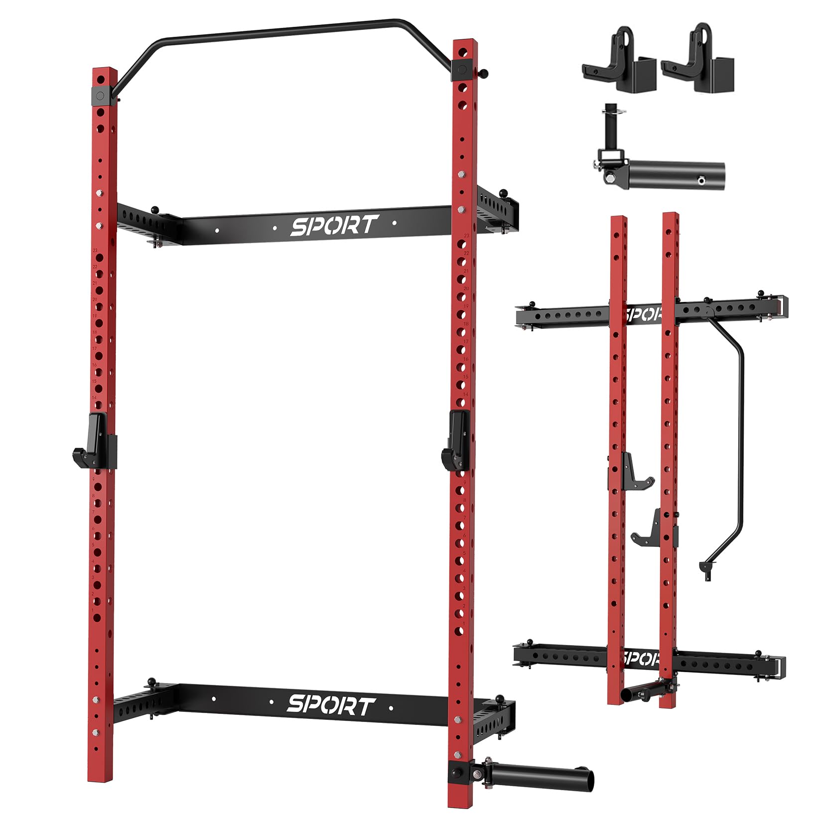 Garvee Folding Squat Rack for Home Gym, 2.36 in x 2.36 in Wall Mounted Foldable Squat Rack with Pull Up Bar, J Hooks and Landmin