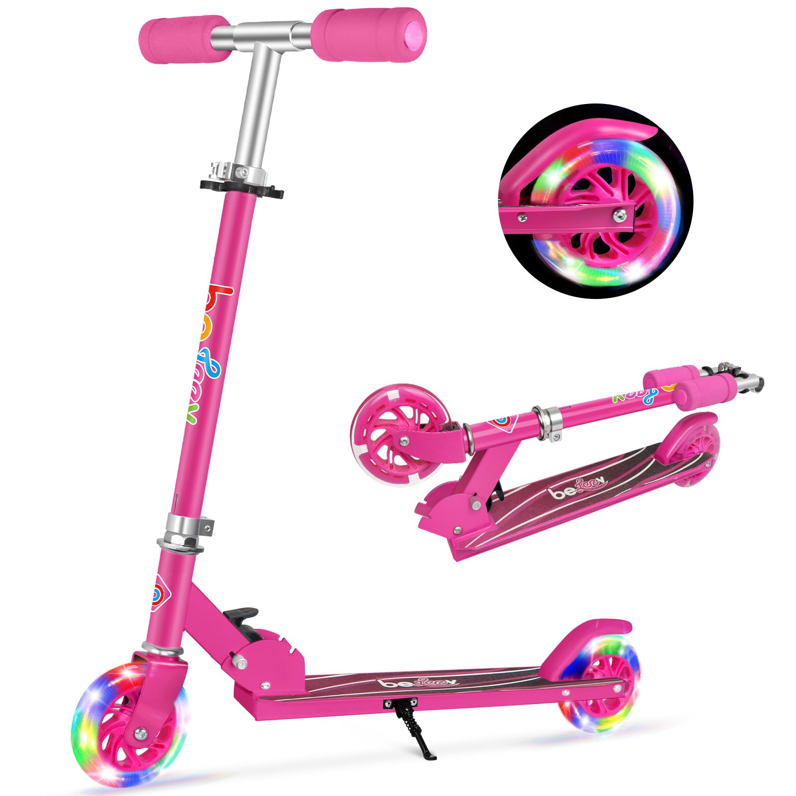 Beleev V1 Scooters for Kids 2 Wheel Folding Kick Scooter for Girls Boys, 3 Adjustable Height, Light Up Wheels, Kickstand for Chi