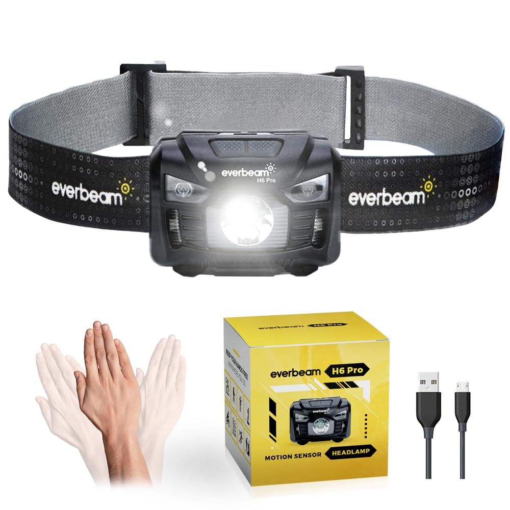 Everbeam H6 Pro LED Head Torch Headlamp, Motion Sensor Control, 650 Lumen Bright 20 Hours Runtime 1200mAh Battery Powered USB Re