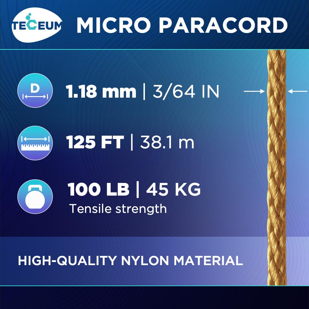 Teceum Micro Paracord - Honey Gold - 1.18 Mm X 125 Ft - Micro Utility Cord - Thin Braided Paracord Rope Nylon Polyester - Wind C