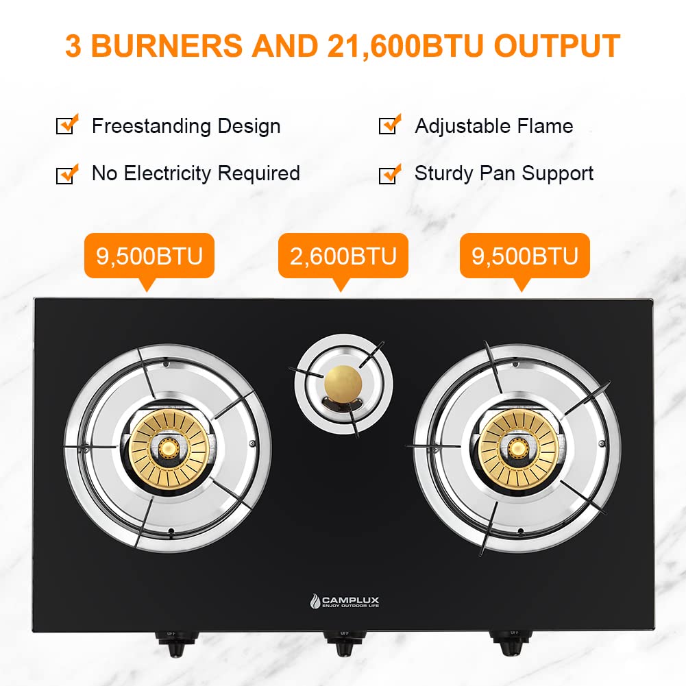 Camplux Propane Gas Stove With 21,600Btu, 3 Burners Propane Stove, Tempered Glass Camping Cooking Stove