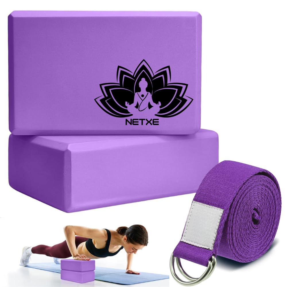 Netxe Yoga Block And Yoga Strap Set, High Density Foam Soft NonSlip Yoga Blocks With 6Ft Metal DRing And A Beautiful Logo That