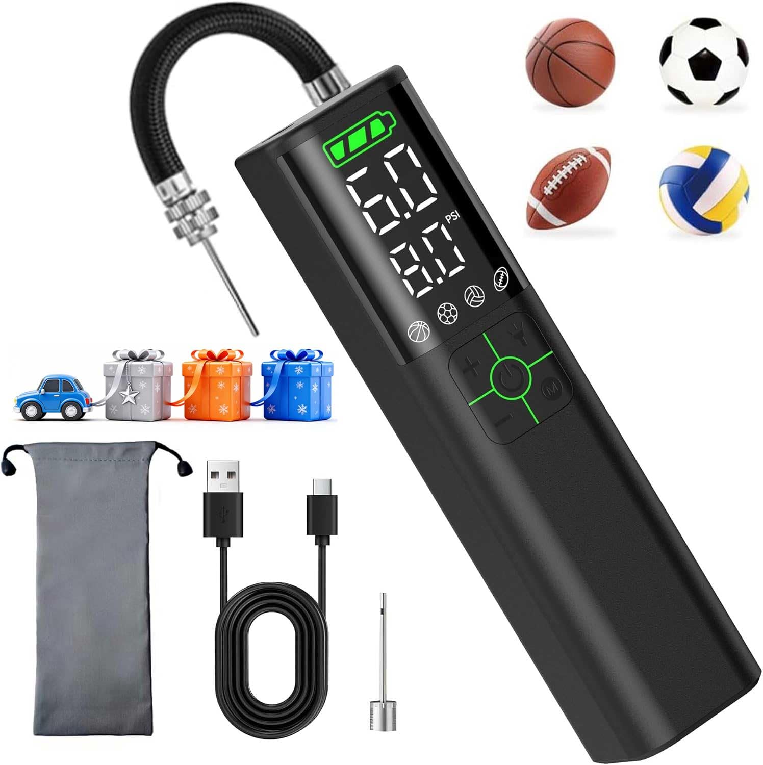 Calmara Z10 Electric Ball Pump for Sport Ball,2000mAh 15 PSI Portable Automatic Air Pump Fast Ball Inflator with 2 Needles,Preci