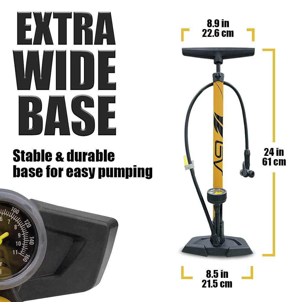 Bv Bicycle Ergonomic Bike Floor Pump With Gauge & Smart Valve Head, 160 Psi, Automatically Reversible Presta And Schrader
