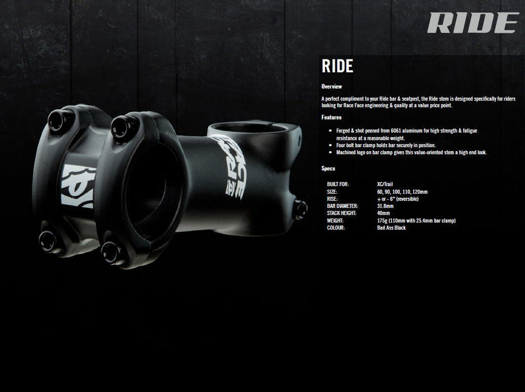 Race Face Ride Mountain Bike Stem (Black, 31.8-Mm Clamp, 6-Degreex100-Mm, 1-1/8-Inch)
