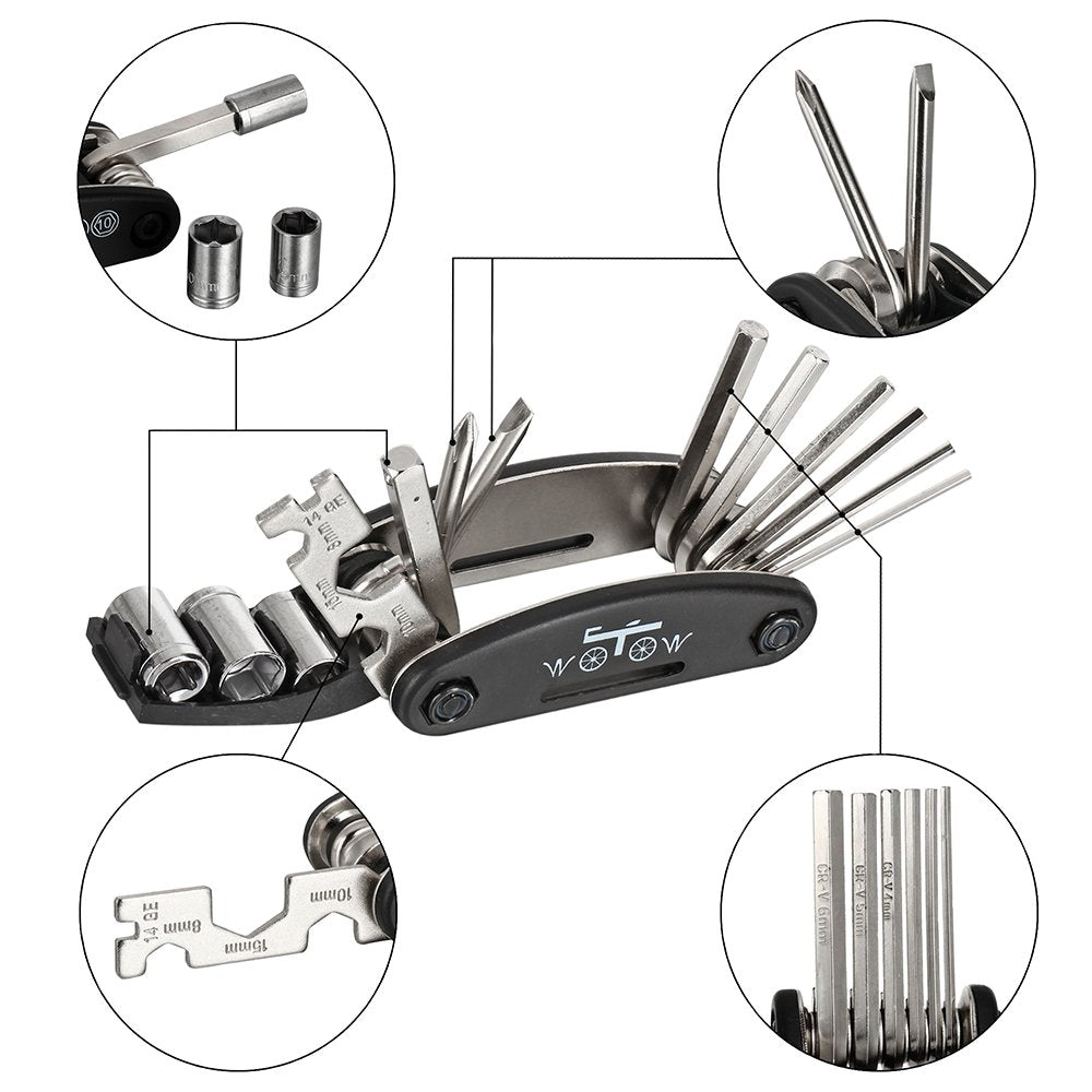 Wotow Bike Repair Tool Kit - 16 In 1 Bicycle Multitool Portable Mountain Bike Tool Cycling Maintenance, Bike Hex Key Wrench & Bi