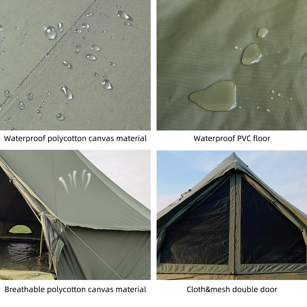 Waldzimmer Canvas Bell Tent 13.1Ft Green With Pre-Cut Stove Jack, Spacious 4M Family Yurt Tent For 4-5 Person, 4 Season Water-Re