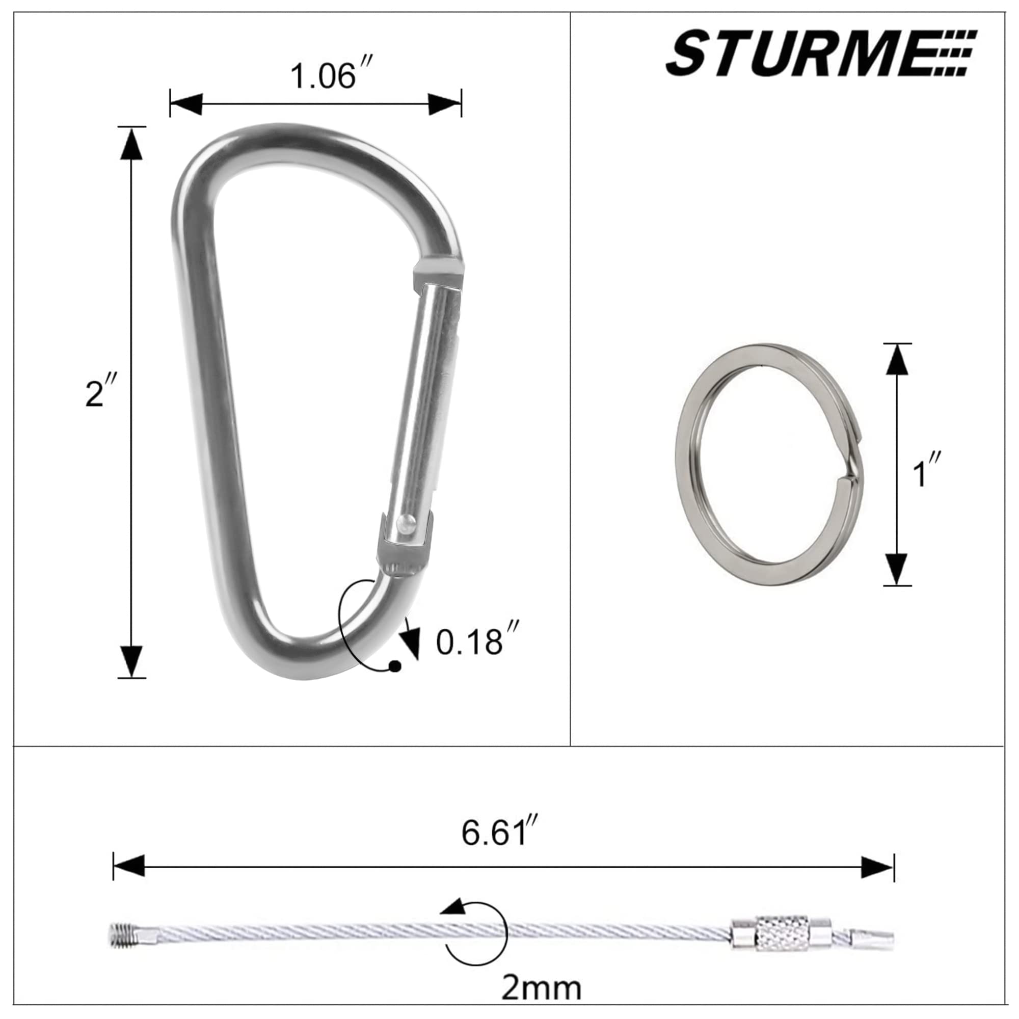 Sturme 2'' Aluminum D Ring Carabiners Clip D Shape Spring Loaded Gate Small Keychain Carabiner Clip Set For Outdoor Camping Mini