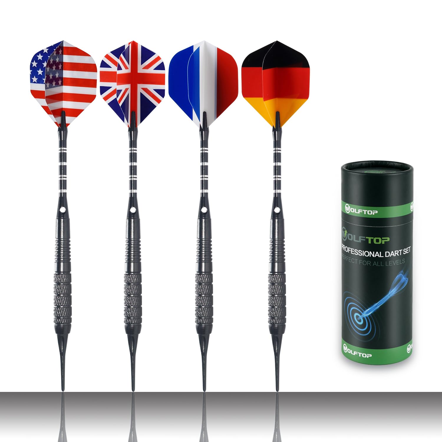 Wolftop 12 Pack Soft Tip Darts - Plastic Tip Darts 18 Grams With 100 Extra Dart Tips, 15 Flights, Dart Flight Protector, Aluminu