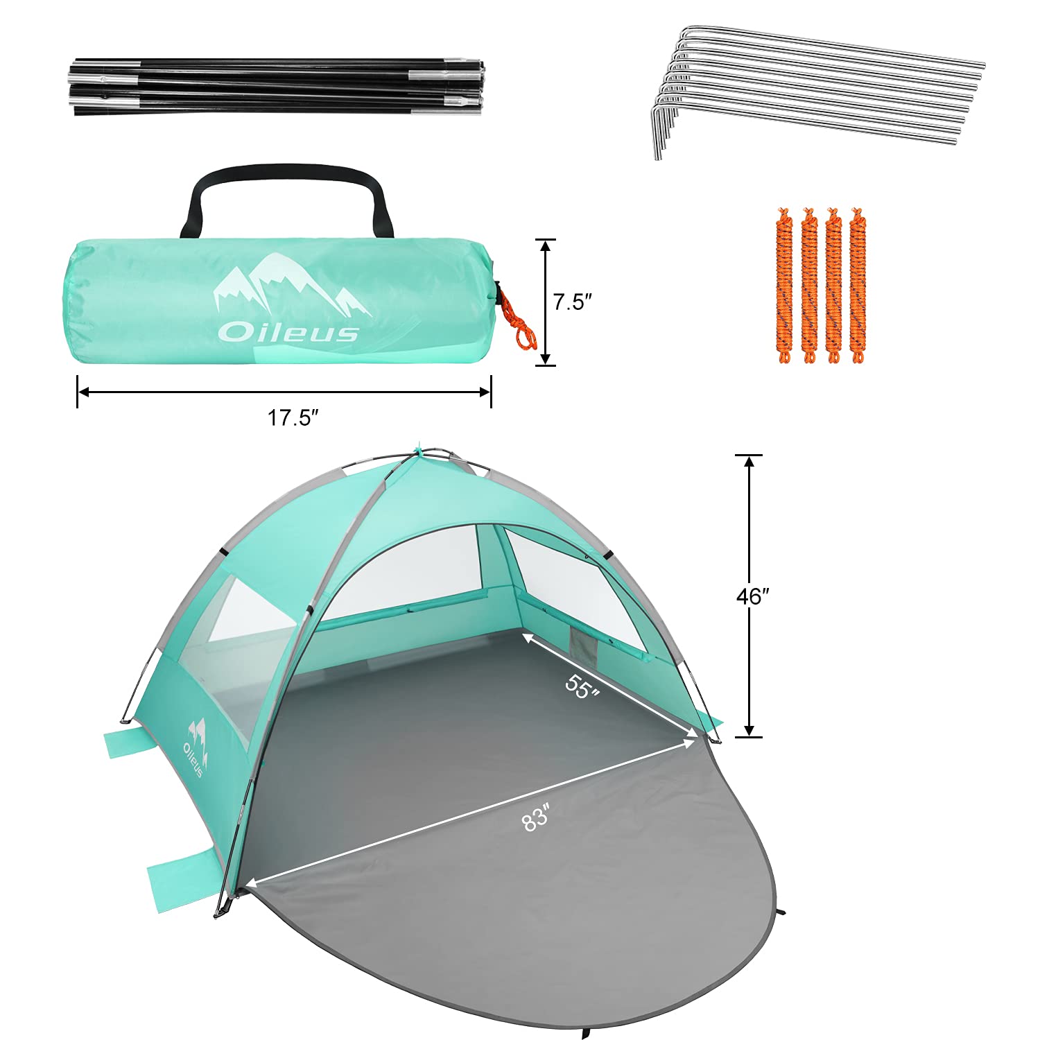 Oileus Beach Tent 2-3 Person Portable Sun Shade Shelter Uv Protection, Extended Floor Ventilating Mesh Roll Up Windows Carrying
