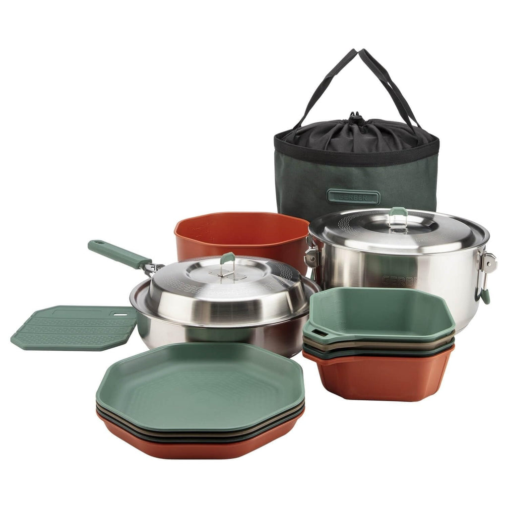 Gerber Gear Compleat Cook Set - Dishwasher-Safe Camping Cookware For Outdoor Cooking - Includes Saute Pan, Stock Pot, 4 Plates,