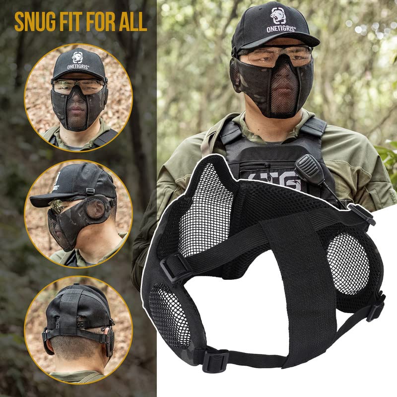 Onetigris 6'' Foldable Half Face Mesh Mask With Ear Protection, Tactical Lower Face Protective Mask (Camo Black)