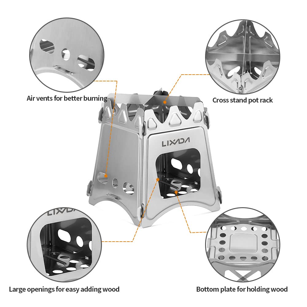 Lixada Camping Wood Stove Folding Lightweight Stainless Steel Wood Burning Backpacking Stove For Outdoor Cooking Picnic Hunting
