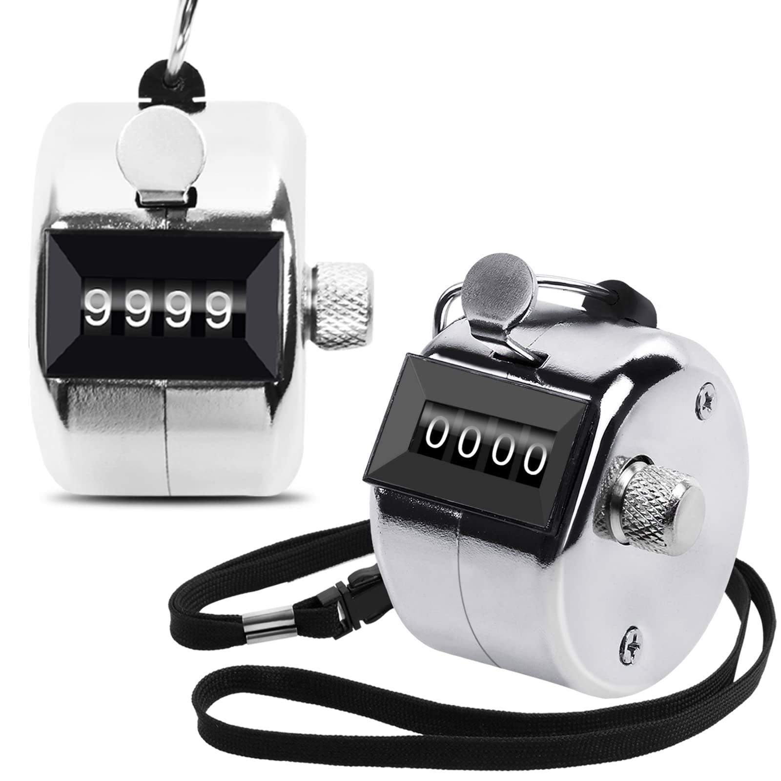 Oligei 2 Pack Metal Hand Counter Four-Digit Counter With Nylon Lanyard Silver Counter Click Counter Handheld Click Counter Digit