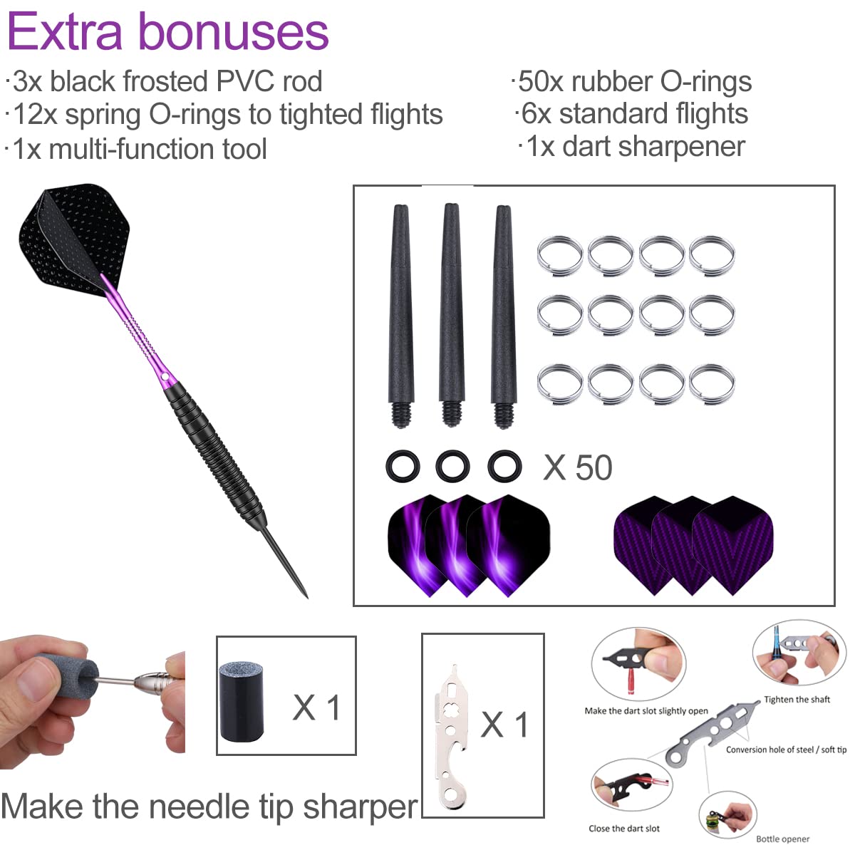 Sanfeng Steel Tip Darts Set For Dartboard, Professional Darts With Metal Tip 22 Grams Purple Aluminium Shafts 9 Flights 50 Rubbe
