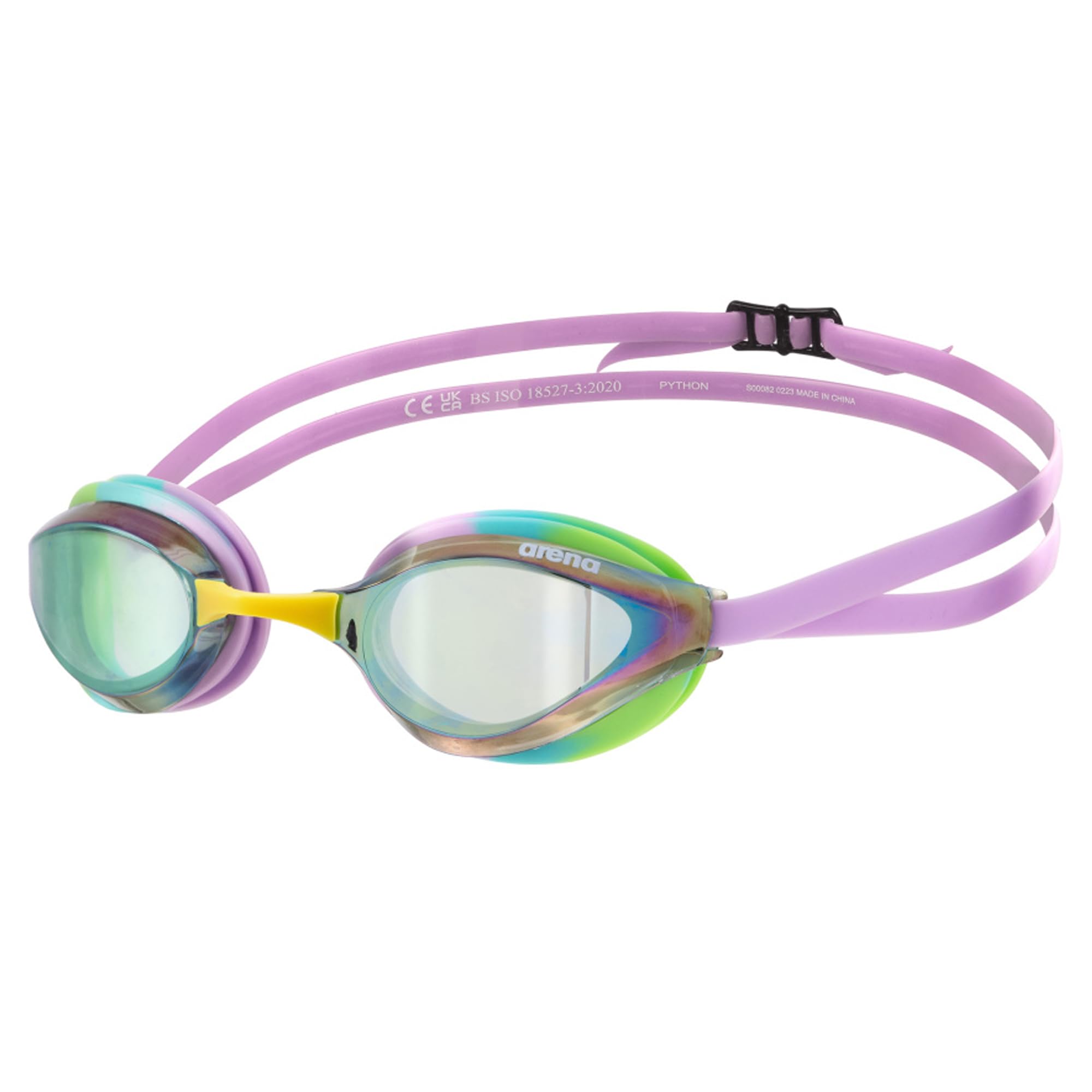 Arena Unisex Adults Python Racing Swim Goggles For Men And Women Anti-Fog Mirror Lens Max Comfort Dual Strap, Green/Violet/Green