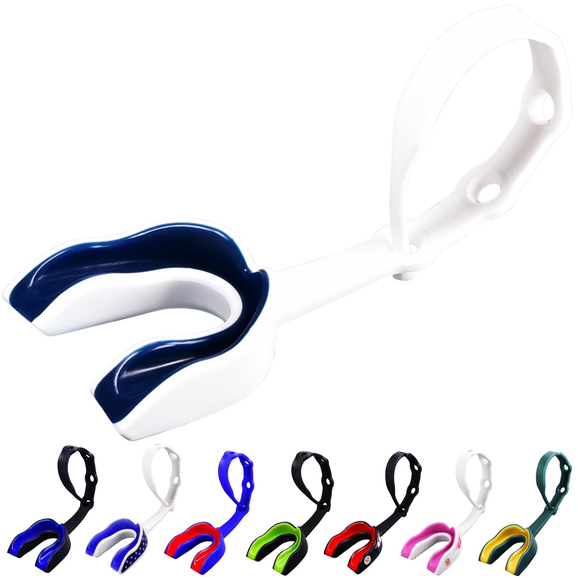 Oral Mart Strapped Youth Mouth Guard For Kids (White/Navy Blue) - Sports Mouthguard With Connected Strap For Football, Ice Hocke