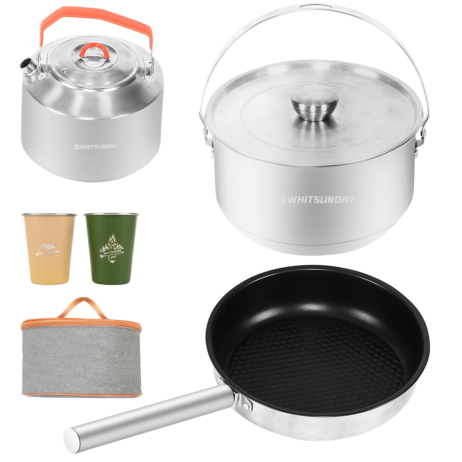 Whitsunday Outdoor Cookware 304 Stainless Steel Set, Backpacking Camping Dinnerware Set - Stackable Pots, Pans, Kettle, Cups Set