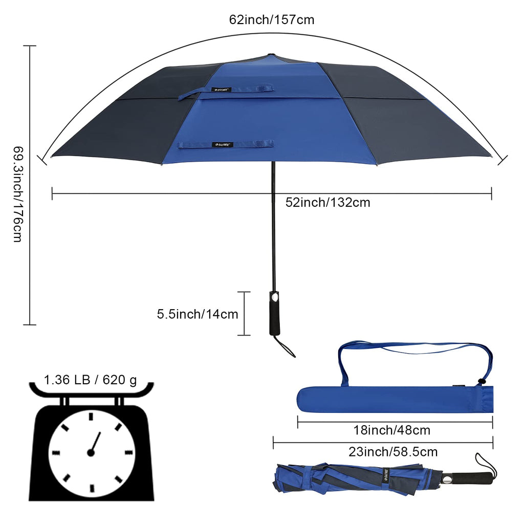 G4Free 62Inch Portable Golf Umbrella Automatic Open Large Oversize Vented Double Canopy Windproof Waterproof Sport Umbrellas(Blu