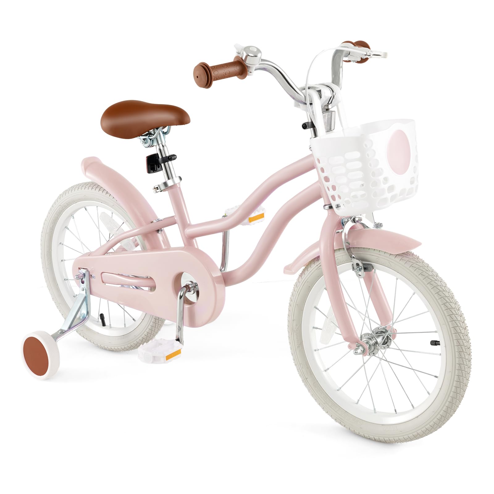 HONEY JOY Kids Bike, 16 Inch Pink Toddler Bikes w/Training Wheels, Handbrake & Coaster Brake, Fully Enclosed Chain, Adjustable H