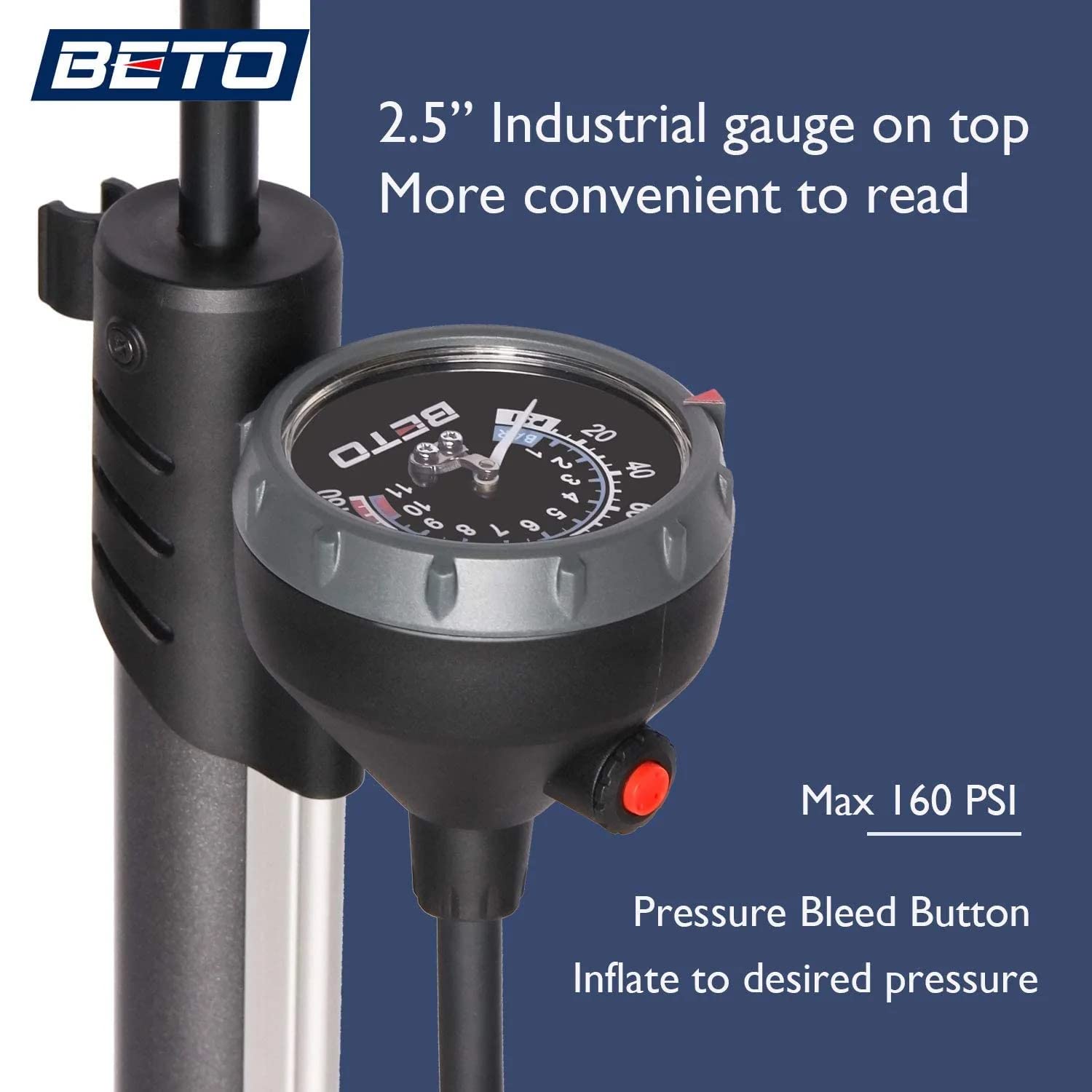 Beto Bike Pump Portable - Bicycle Floor Pump With Industrial Top-Mounted Gauge & Air Bleed Button - Presta Schrader Dunlop Valve