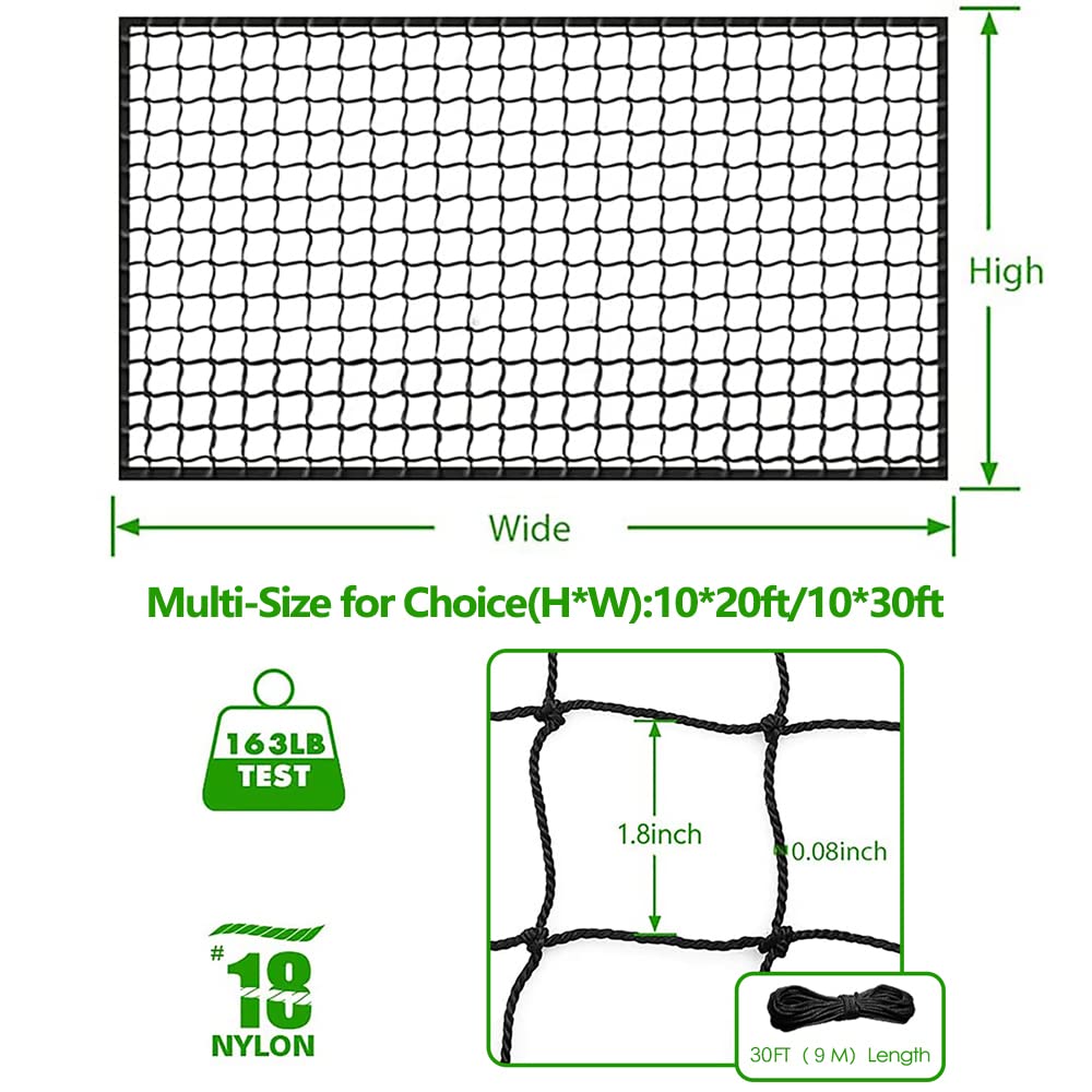 Wiseek 10'X30' Baseball Softball Backstop Nets, Heavy Duty Baseball Netting Ball Stop Netting #18 Nylon Sport Netting Barrier