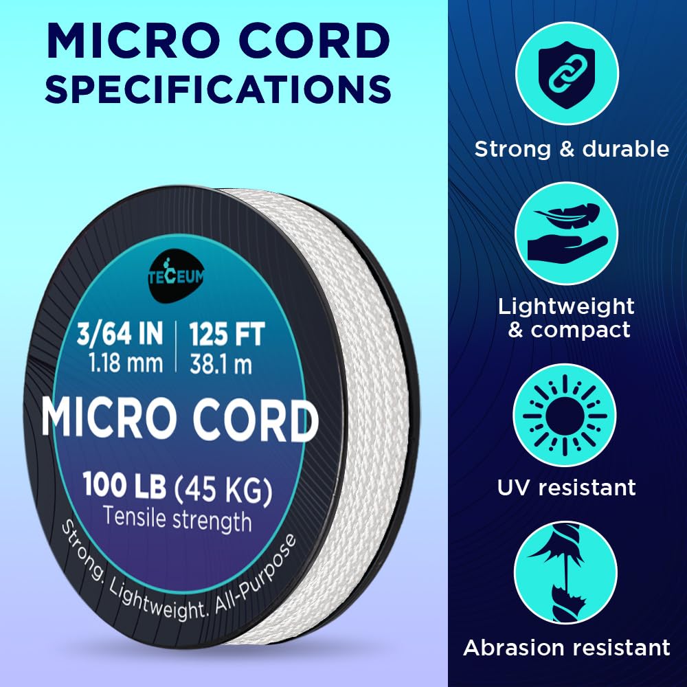 Teceum Micro Paracord - White - 1.18 Mm X 125 Ft - Micro Utility Cord - Thin Braided Paracord Rope Nylon Polyester - Wind Chime