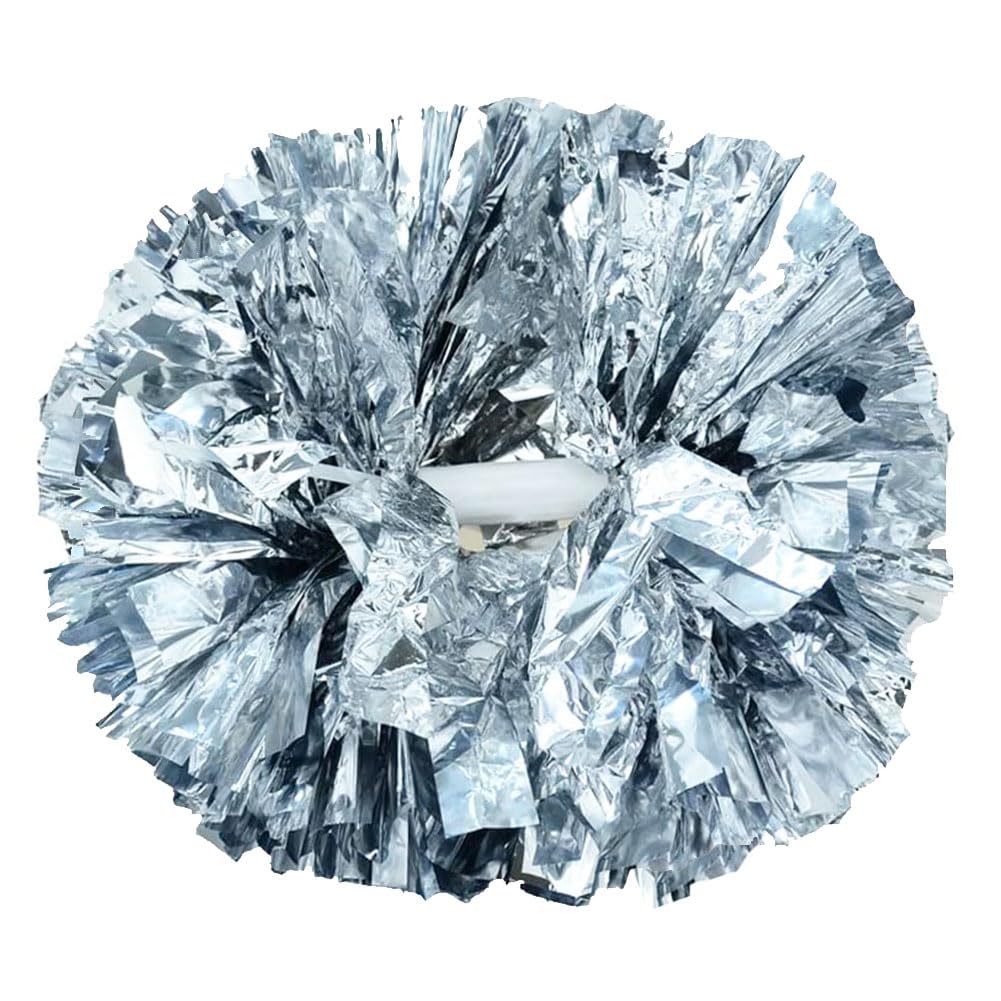 Hooshing 2Pcs Silver Pom Poms Cheerleading With Baton Handle For Team Spirit School Sports Dance Cheering