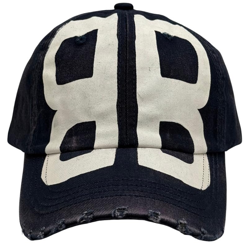 The Tie Hub Baseball Cap With Distressed Oversized Bb Print, Soft Cotton Comfort, Adjustable Strapback, Navy Blue, Free Size