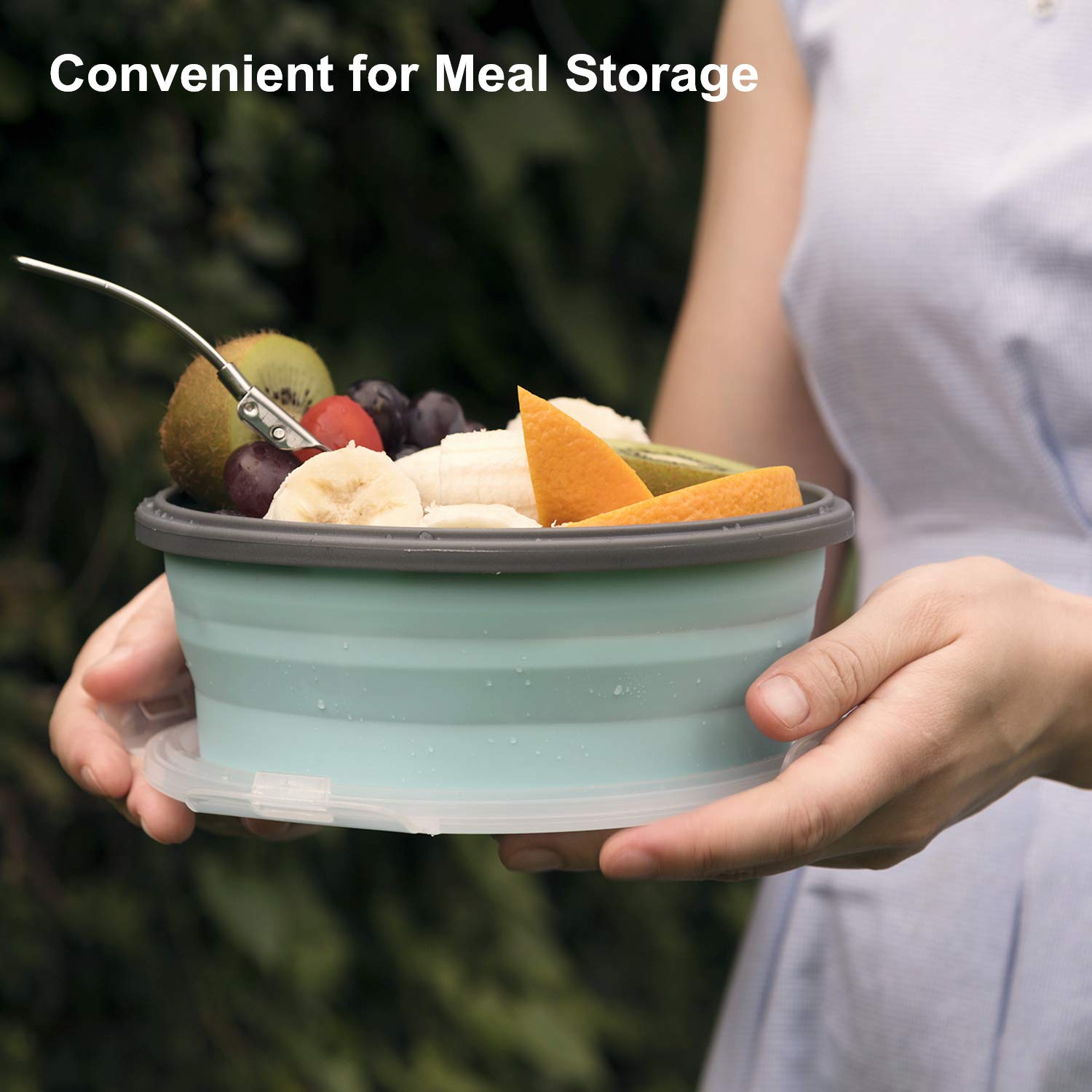 Colorcoral Camping Bowl With Lid Collapsible Silicone Bowl And Foldable Stainless Steel Fork For Travel And Camping Microvave An