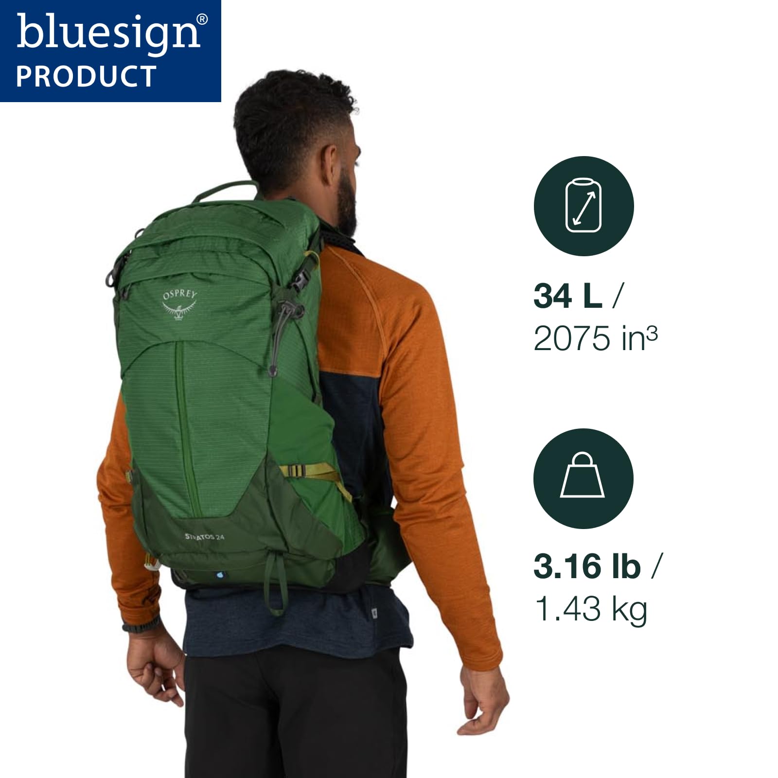 Osprey Stratos 34L Mens Hiking Backpack, Cetacean Blue, One Size