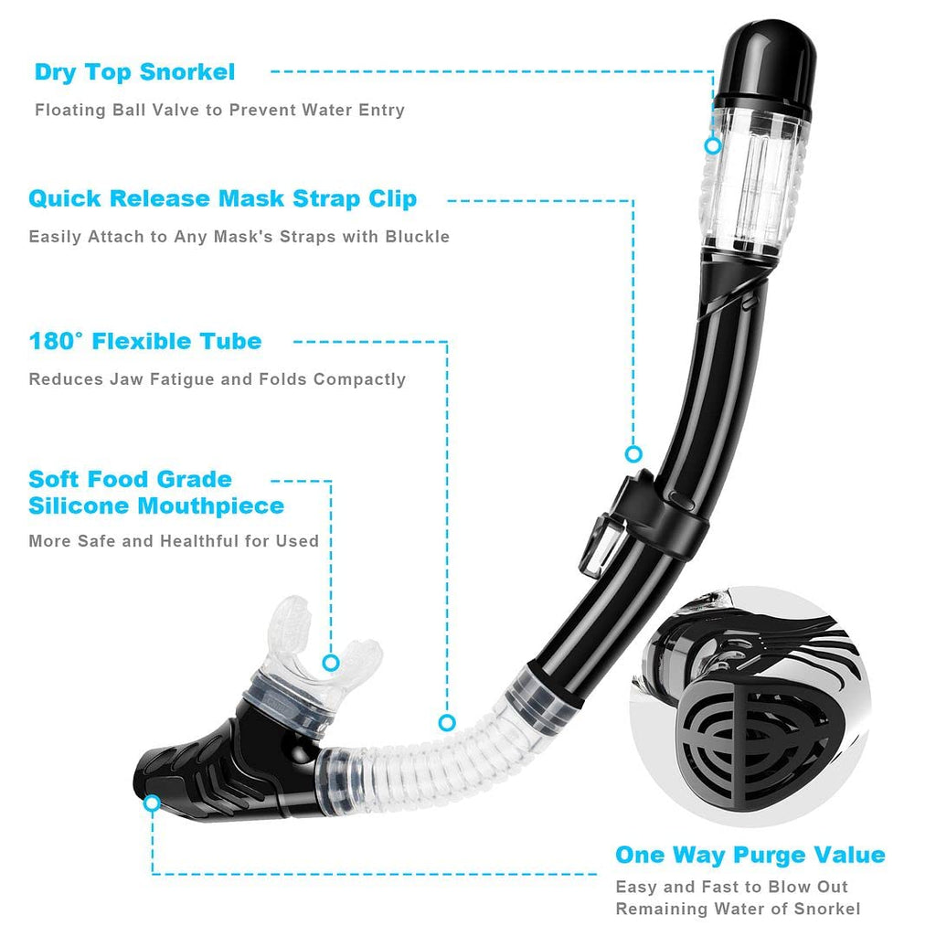 Snorkel Set, Dry Top Snorkeling Gear For Adults, Panoramic Anti-Leak And Anti-Fog Tempered Glass Lens, Adults Adjustable Snorkel