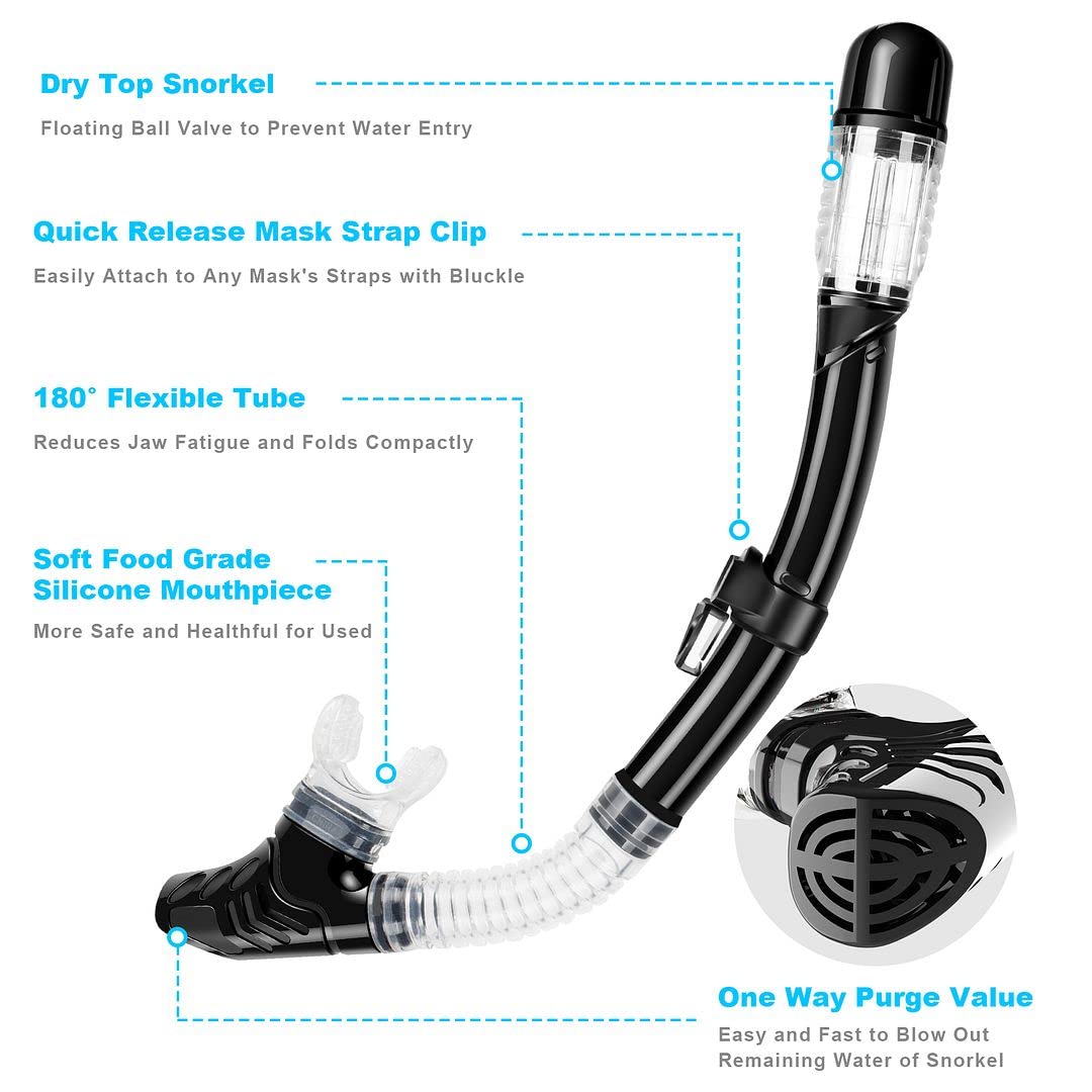Snorkel Set, Dry Top Snorkeling Gear For Adults, Panoramic Anti-Leak And Anti-Fog Tempered Glass Lens, Adults Adjustable Snorkel