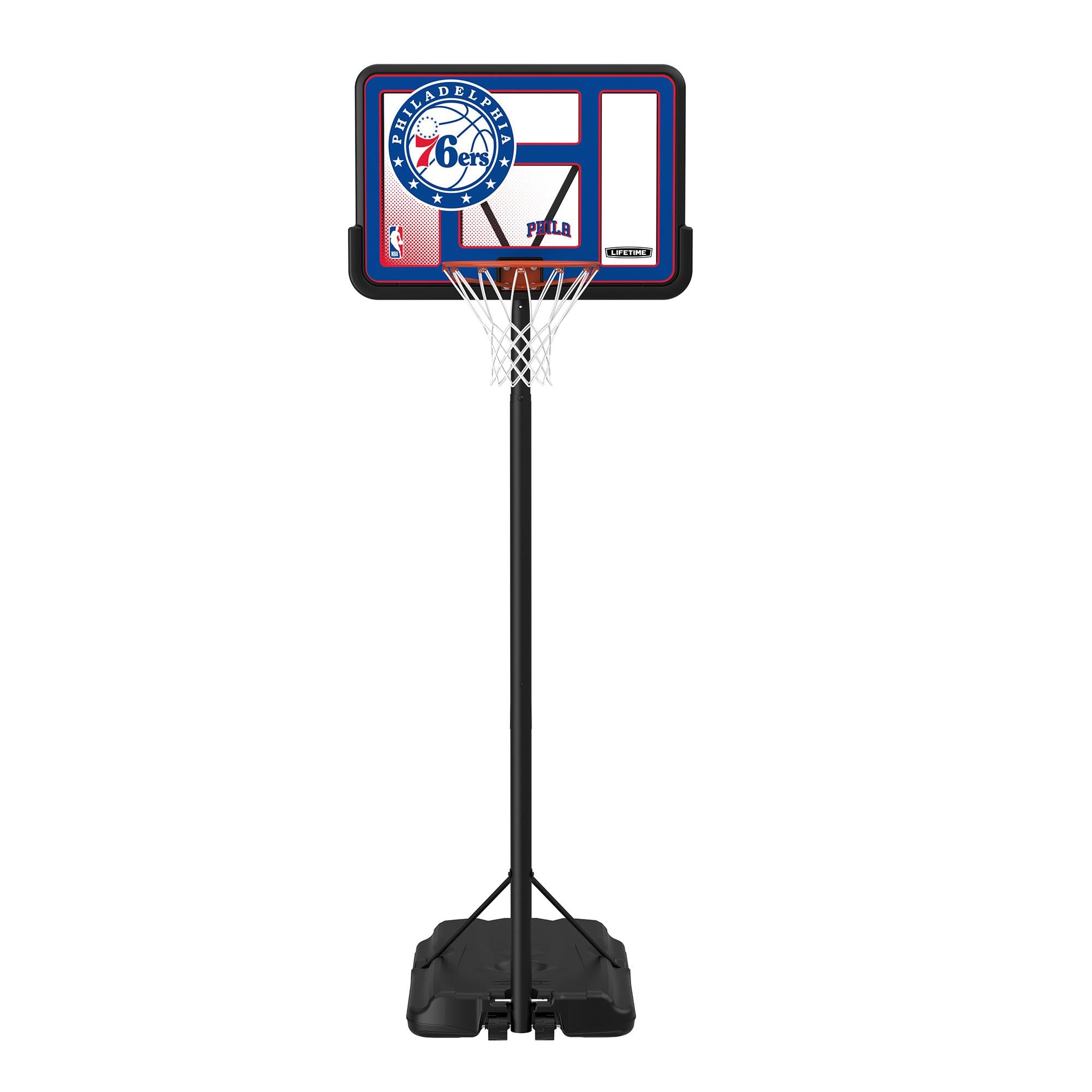 Lifetime NBA Philadelphia 76ers Portable Basketball Hoop, Adjustable Height 7.5-10 Ft, 44 Inch Shatterproof Fusion Backboard, Ba