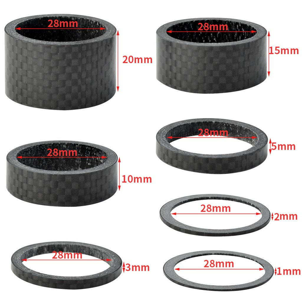 Fengek 15 Pcs Headset Spacer For Bicycle, 7 Sizes Carbon Fiber Road Bicycle Stem Headset Spacers Kit For 1-1/8 Inch Stem, 1Mm 2M