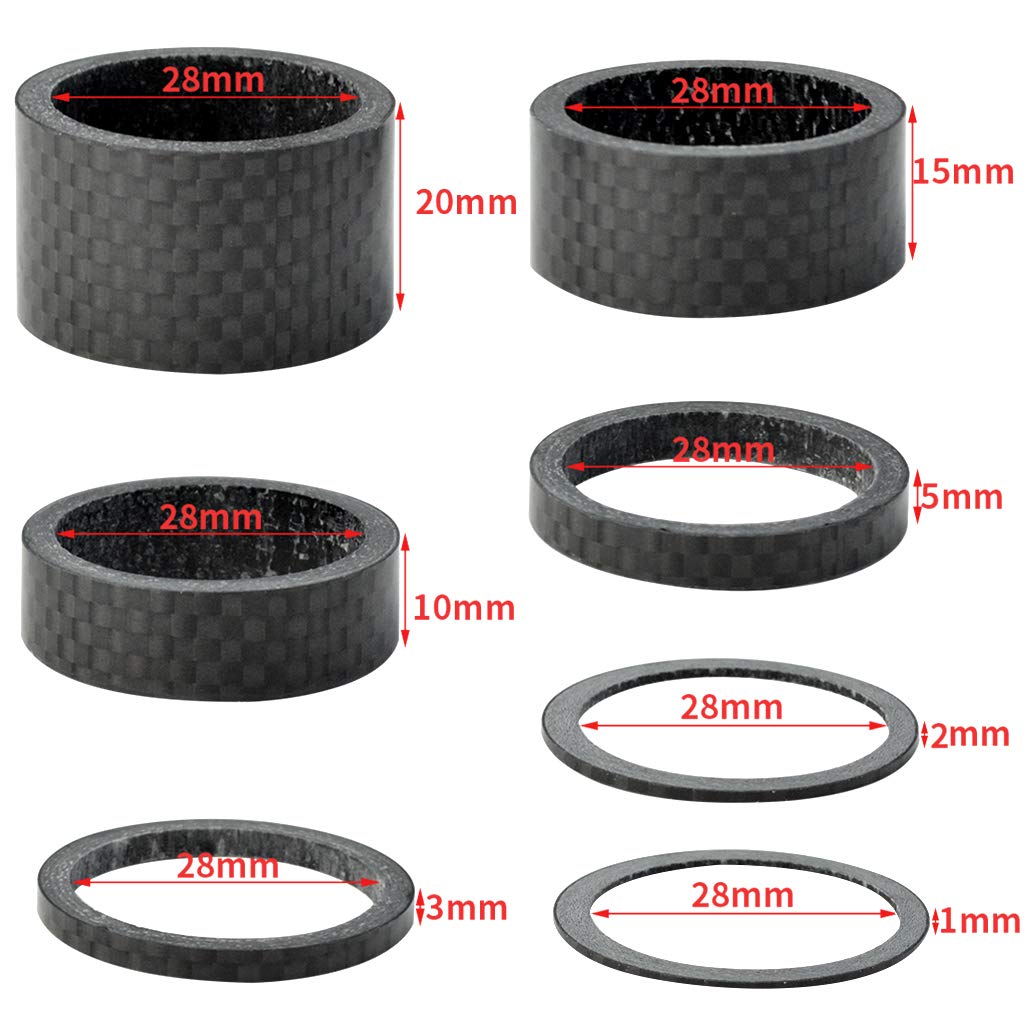 Fengek 15 Pcs Headset Spacer For Bicycle, 7 Sizes Carbon Fiber Road Bicycle Stem Headset Spacers Kit For 1-1/8 Inch Stem, 1Mm 2M