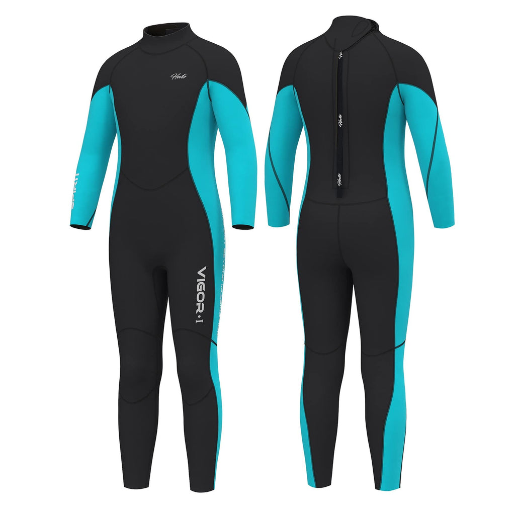 Hevto Wetsuits Kids And Youth 3Mm Neoprene Full Wet Suit Long Sleeve Surfing Swimming For Water Sports (K01-Blue, 16)