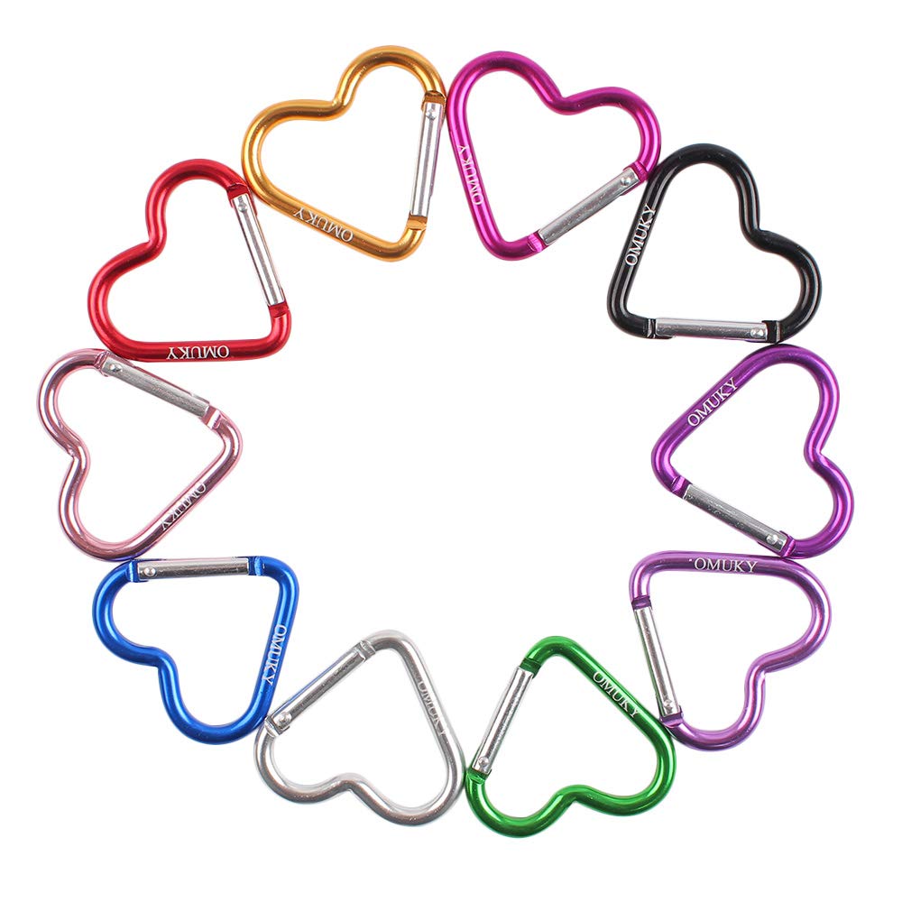 Omuky Multicolor Carabiner Hook Heart Shape Clips Camping Accessories Keychain For Outdoor Hiking Traveling 10-Pack (Heart-10Pcs