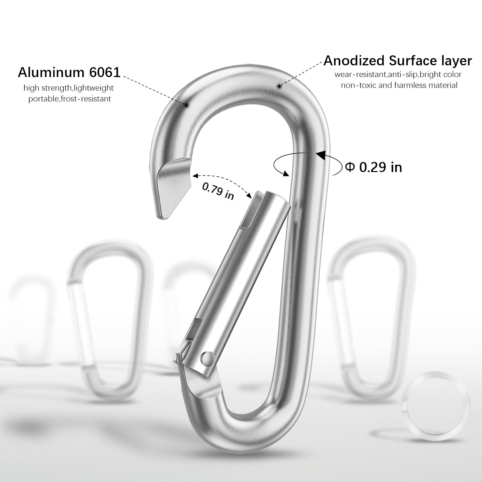 Sprookber 3'' Aluminum Carabiner D Ring, Caribeenerclips, Spring Snap Hookfor Keychain Clip,Set Of 10 (Silver)