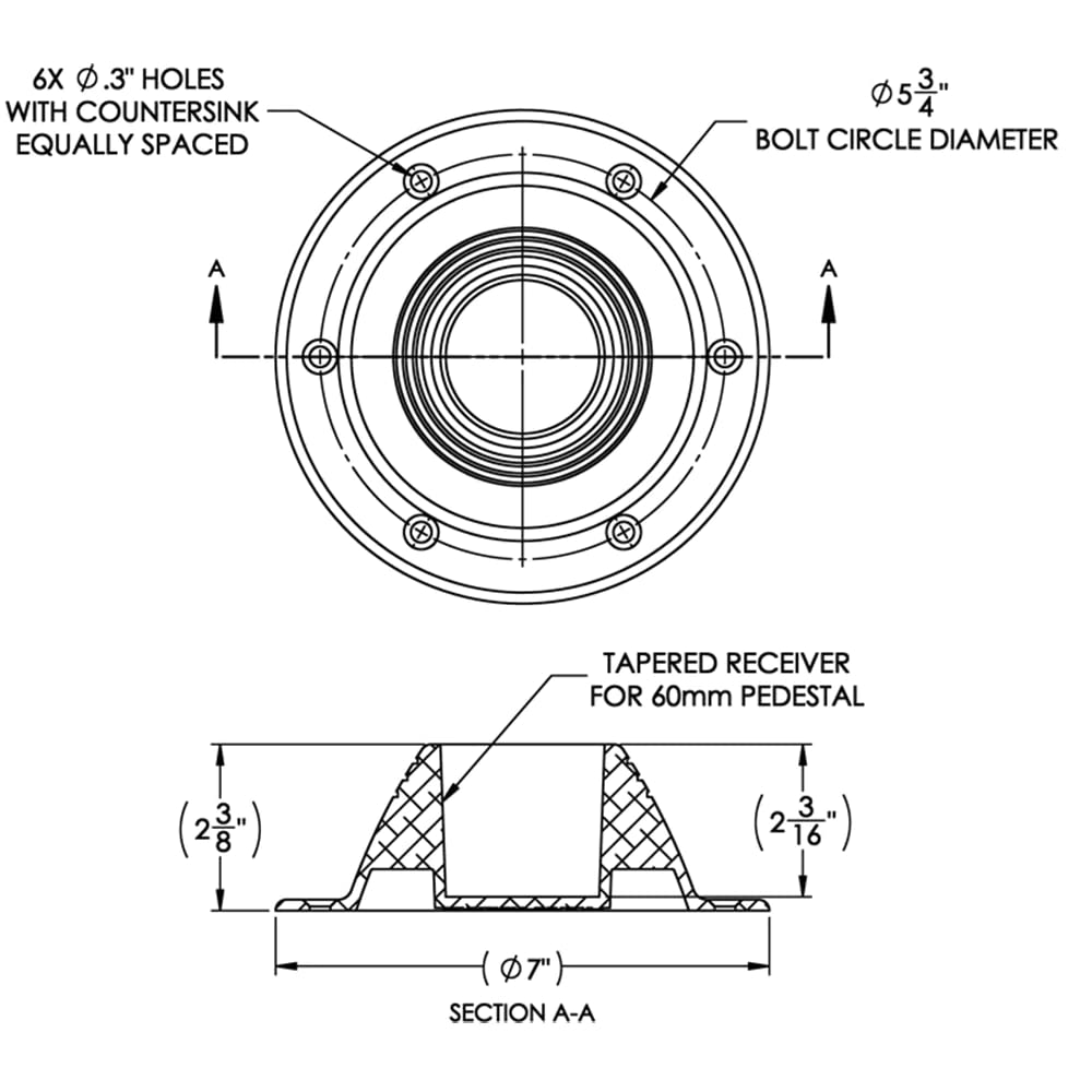 Taco Marine Z10-4067Bly60Mm Surface Mount Pedestal Table Base For 2.375'' Post - 7'' Base