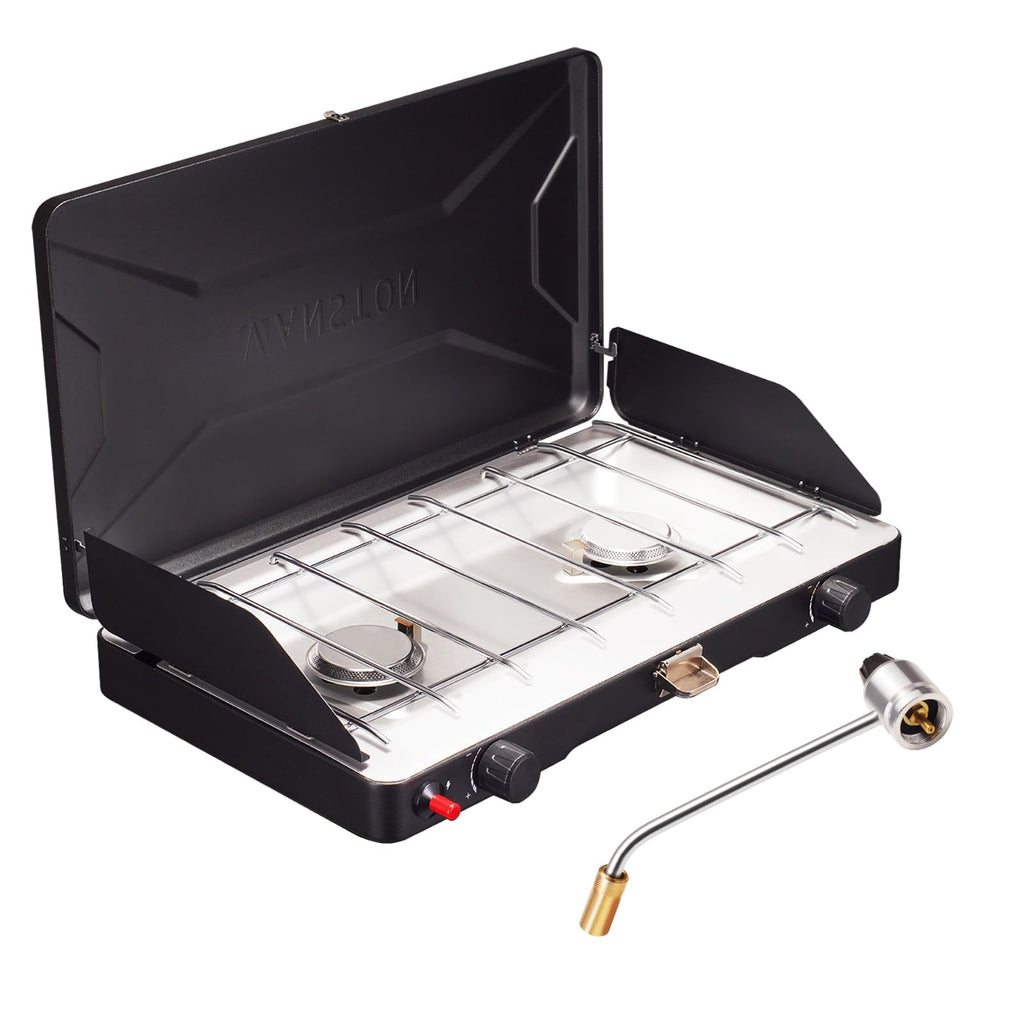 Vanston 2-Burner Propane Camping Stove, 20,000 Total Btus Portable Gas Camping Grill, Stovetop With Adjustable Burners, Wind Gua