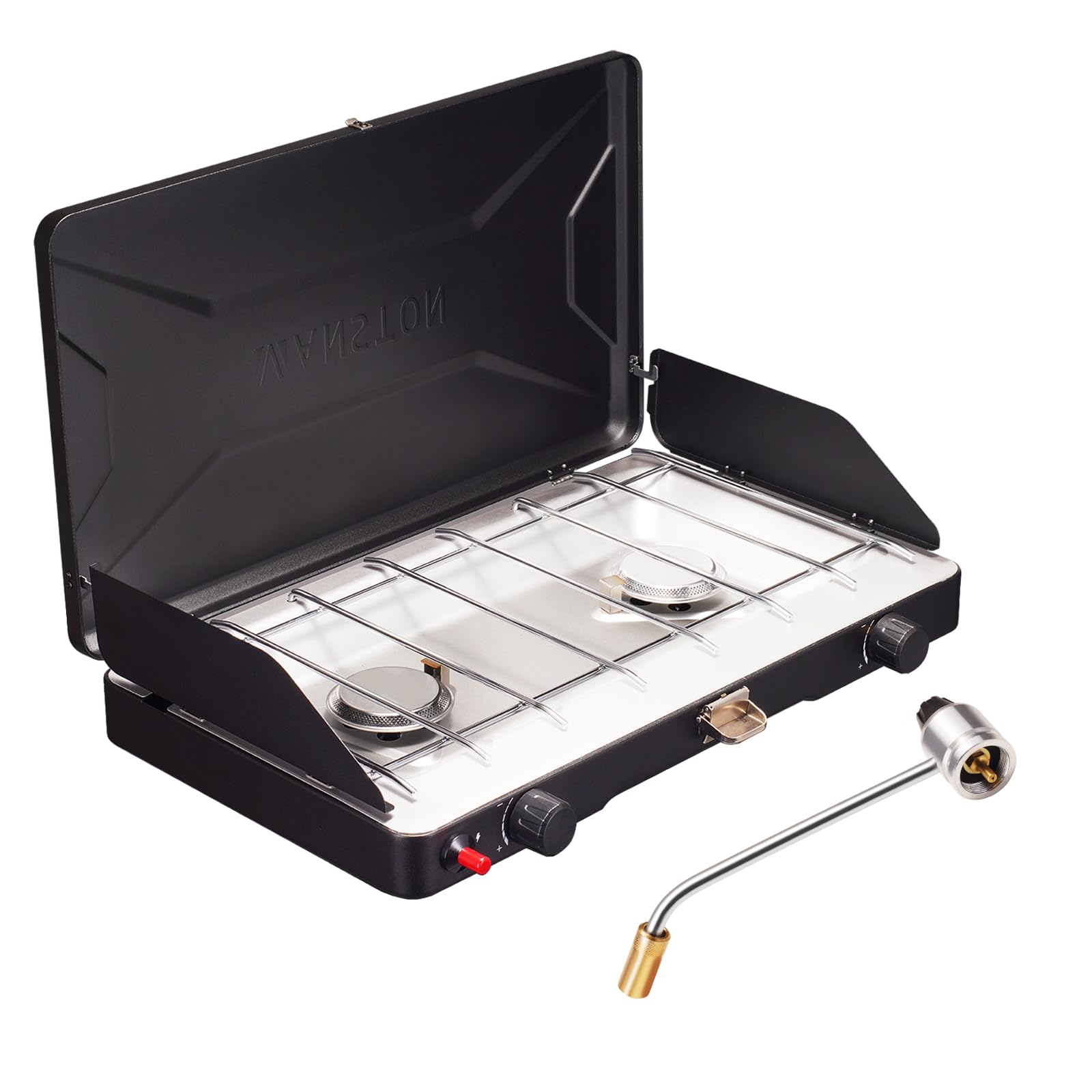 Vanston 2-Burner Propane Camping Stove, 20,000 Total Btus Portable Gas Camping Grill, Stovetop With Adjustable Burners, Wind Gua