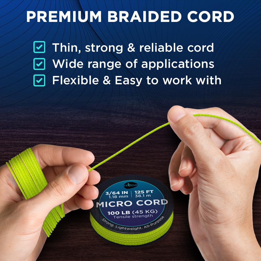 Teceum Micro Paracord - Fluo Green - 1.18 Mm X 125 Ft - Micro Utility Cord - Thin Braided Paracord Rope Nylon Polyester - Wind C